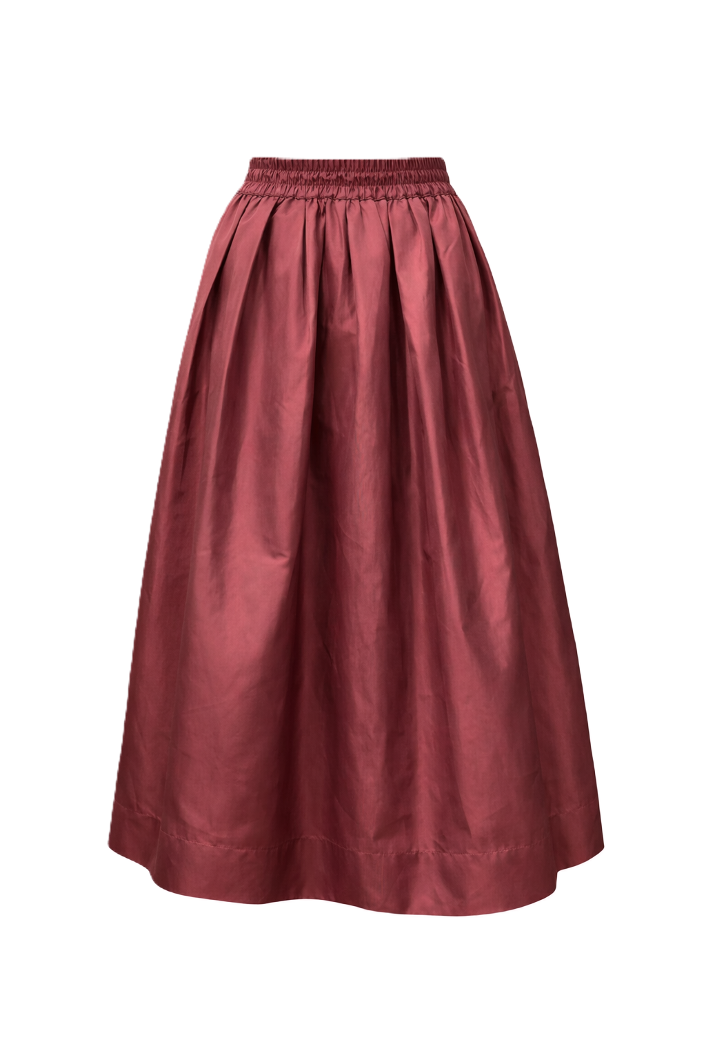 Rock The White Shirt in bordeaux. Der wunderschöne Rock von The White Shirt ist aus Taft. Der Rock hat einen Gummibund, der sich perfekt an die Taille anpasst. Er ist bis unters Knie geschnitten und hat seitliche Eingriffstaschen