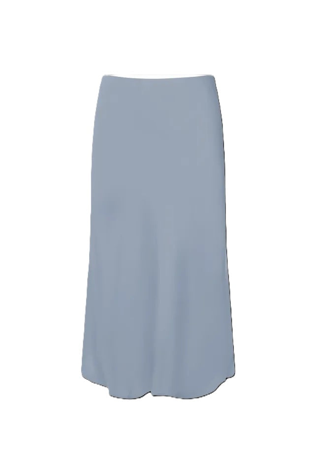 Rock Ura von Drykorn in blau mit Gummizug und ausgestellter Form. Der Rock ist mittellang und hat eine leichte Ware. 