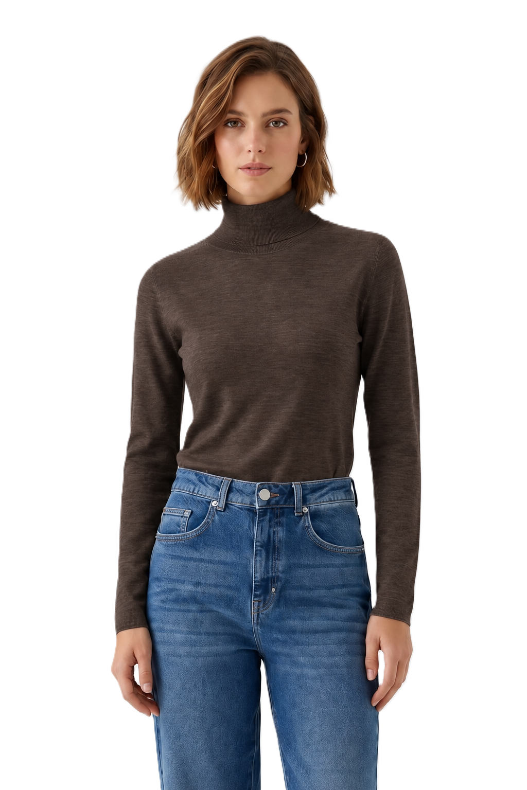 Pullover Oui in Feinstrick in chocolate torte. Nahtlos gestrickter, schmaler Schnitt mit regulärer Länge. Feiner Rollkragen in Rippstruktur und lange Ärmel. Rollkanten an Ärmeln und Saum.