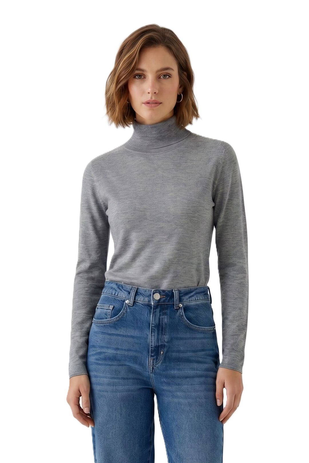 Pullover Oui in Feinstrick in grey. Nahtlos gestrickter, schmaler Schnitt mit regulärer Länge. Feiner Rollkragen in Rippstruktur und lange Ärmel. Rollkanten an Ärmeln und Saum.