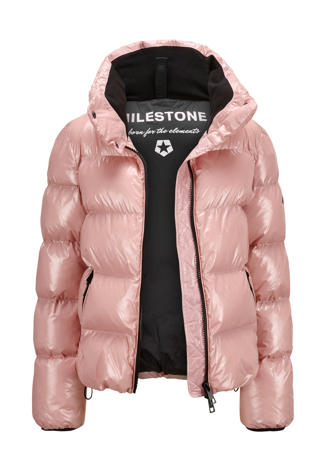Kurze Steppjacke MSAmber von MILESTONE in glänzender Lackoptik mit breiten Steppungen, Stehkragen, 2-Wege-Reißverschluss und regulierbarem Saum in rosa.