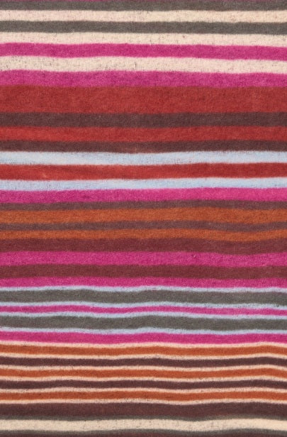 Schal PURSCHOEN Rainbow Multi Coffee Crema-Purple. Kaschmirschal mit ausdrucksstarker Streifenoptik in Kaffee-, Rost-, Creme-, Pink-, Violett- und Hellblautönen. Großzügiges Format von 195 x 85 cm. 100 % Kaschmir.