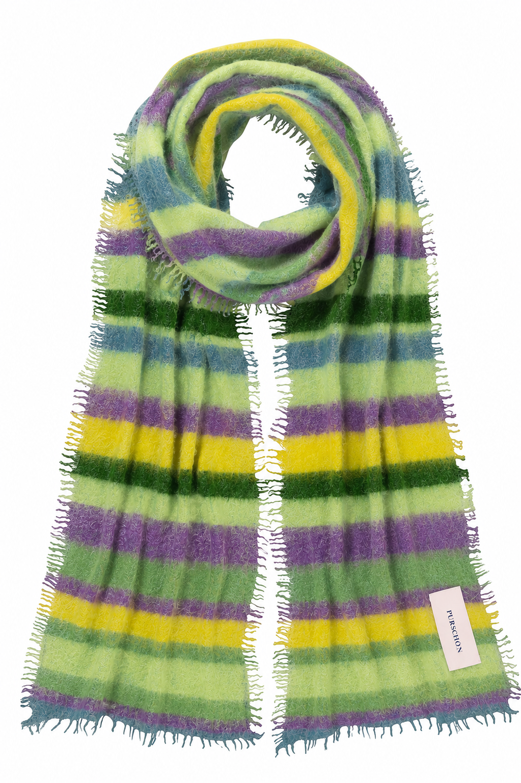 Schal Pur Schoen SLIM Rainbow Power Pop Blue. Schmaler Schal aus besonders weichem Kaschmire. Streifenmuster und Fransen.