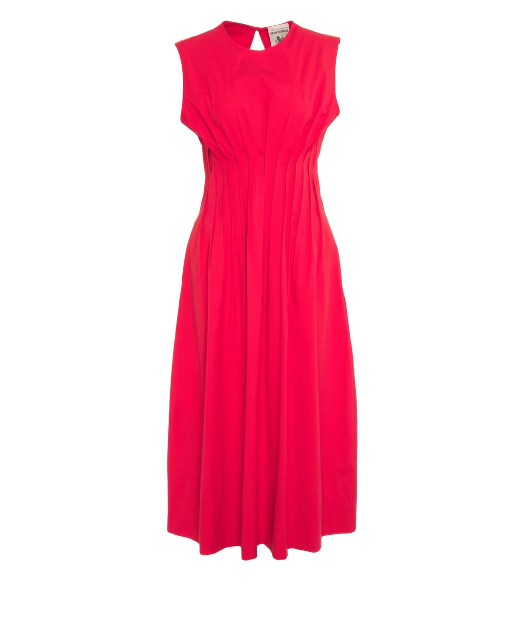 Kleid Semicouture ABITO MAYTE in rot. Super schönes Sommerkleid ohne Ärmel. Das Kleid hat einen Rundhalsausschnitt und ist mittellang geschnitten. Es besteht aus Baumwolle und hat einen tollen Griff. Das Kleid hat feine figurbetonte Raffungen auf der Vorder-und Rückseite. Dies betont die Taille und schmeichelt der Figur. Ein Knopf auf der Rückseite zum Schließen und mehrere Zierknöpfe. Das Kleid hat seitliche Eingriffstaschen. 