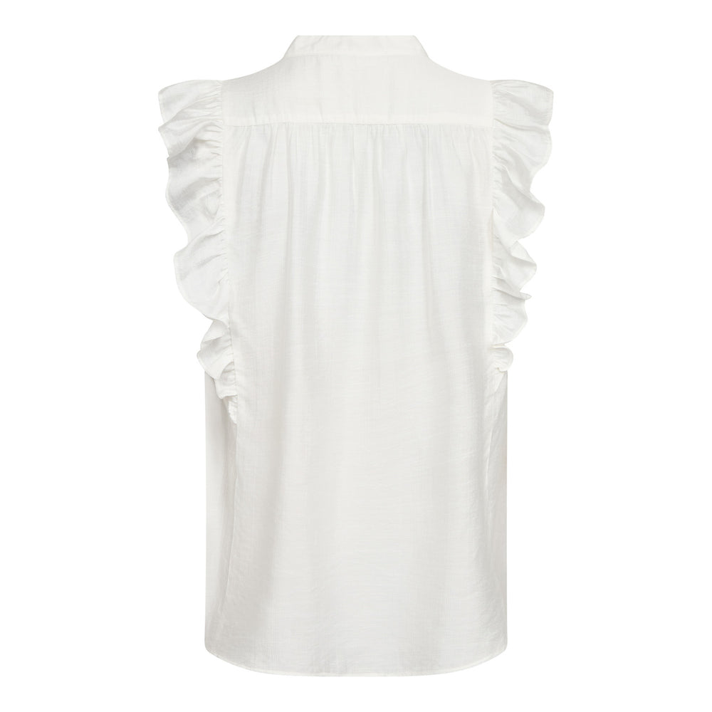 Top Co'Couture HeraCC Frill SS V-Top. Hübsches Top in weiß mit kleinen Volants am Ärmel. Das Shirt hat keinen Kragen und einen V-Ausschnitt. Die Ware ist sommerlich leicht und angenehm und lässt sich prima mit allen Unterteilen stylen. 