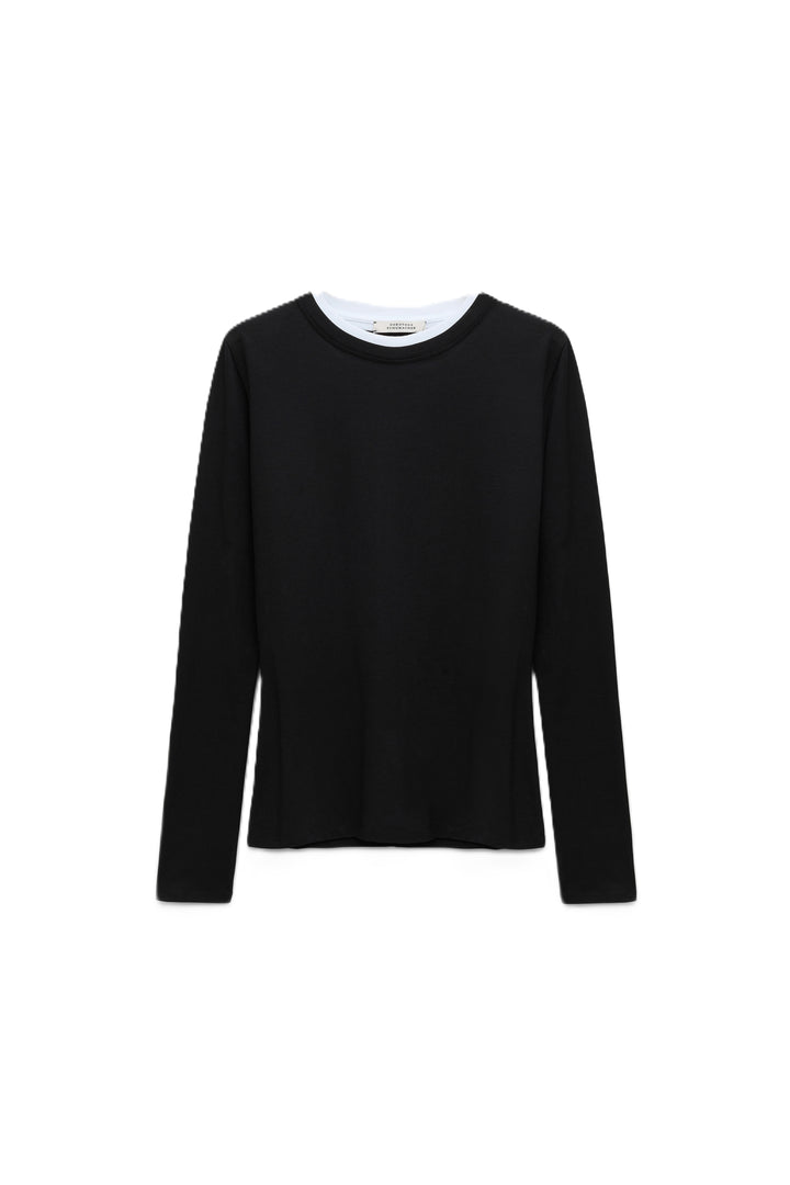 Shirt Dorothee Schumacher ALL TIME FAVORITES shirt in black. Angenehmes Shirt mit langen Ärmeln in schwarz. Am Rundhalsausschnitt hat das Shirt einen weißen Rand. Das Shirt besteht aus einer super weichen und angenehmen Ware.
