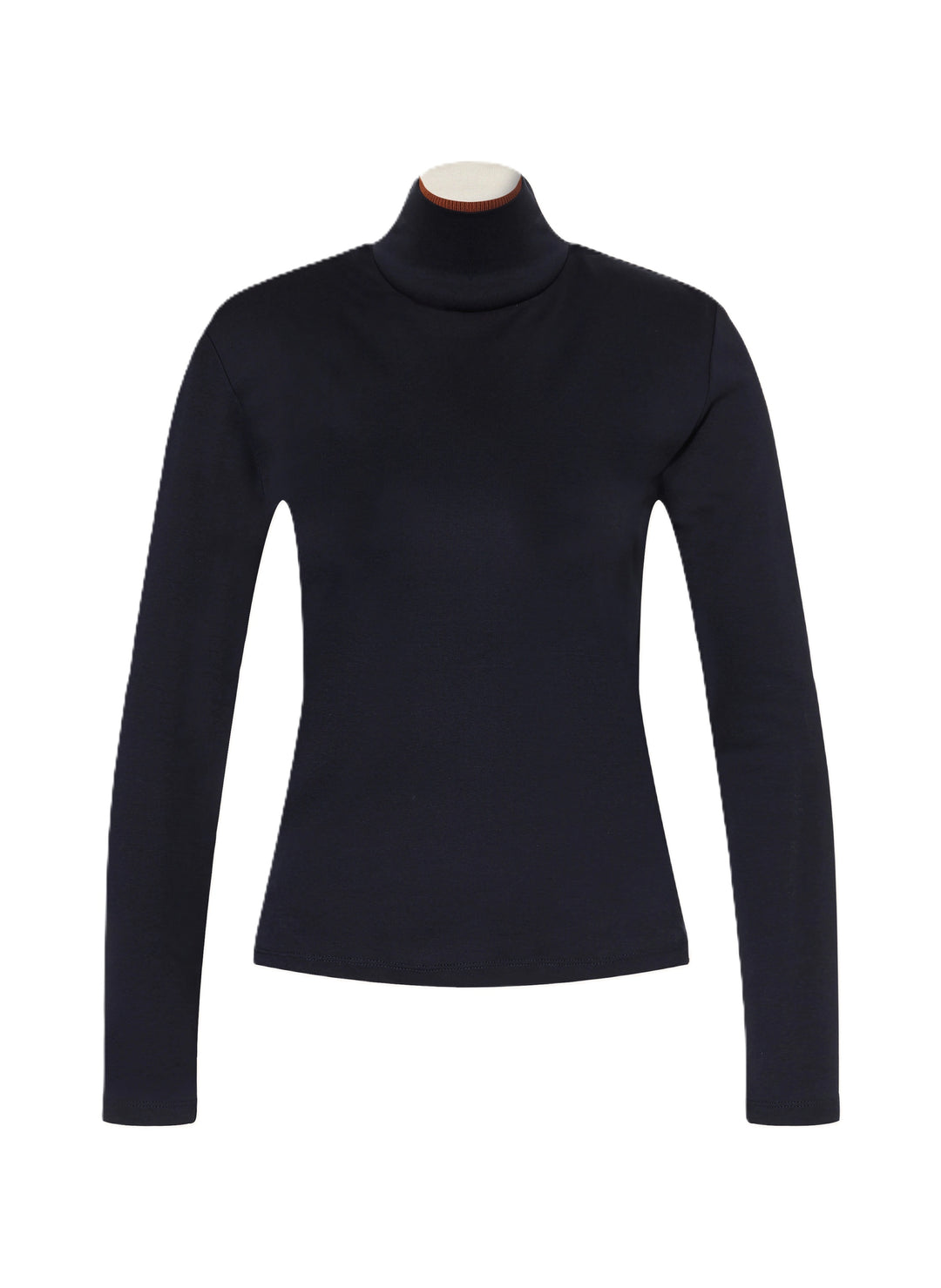 Shirt Dorothee Schumacher COLORFUL FAVORITES shirt in blau. Dieses Shirt ist ein besonders Basic. Es ist schmal und anliegend geschnitten aus einer schönen Jerseyqualität. Es hat einen Rollkragen, welcher zweifarbig designed ist.