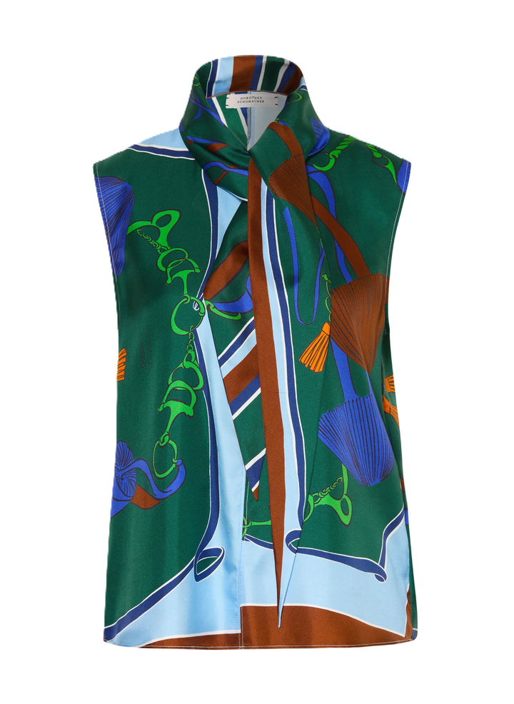 Shirt Dorothee Schumacher COSMIC FUNGHI top in colourful ribbon. Dieses gemusterte Seidentop ist ein richtiges Highlight. Es hat einen wunderschönen abstrakten Print aus Pilzen und einen Schluppenkragen. Das Shirt hat keine Ärmel und einen abgerundeten Saum. Der Schnitt ist gerade und die Haptik glatt und fließend fallend. Die Rückenpartie ist verlängert.