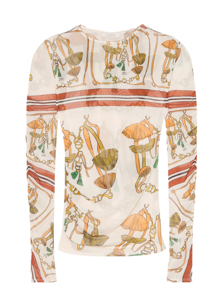 Shirt Dorothee Schumacher WILD FUNGHI shirt in ecru. Schönes Shirt mit abstraktem allover Pilzdruck aus Mesh. Das Shirt hat lange Ärmel und einen anliegenden Schnitt. Daher perfekt zum Drunterziehen geeignet. Die Ärmel sind halbtransparent. Das Shirt hat einen Rundhalsausschnitt und lange Ärmel. Die Qualität ist elastisch