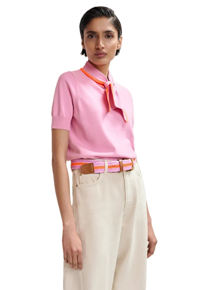 Shirt von Essentiel Antwerp JONDA mit Polokragen und Halsbändchen in rosa und orangen Akzenten und kurzen Ärmeln