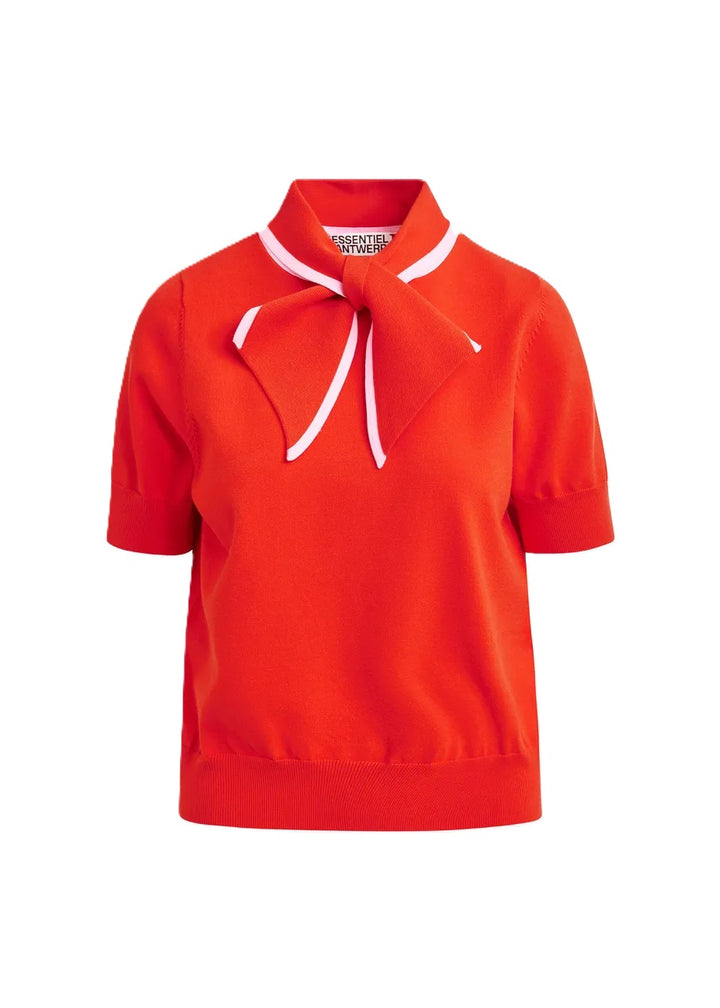 Shirt von Essentiel Antwerp JONDA mit Polokragen und Halsbändchen in rot und pinken Akzenten und kurzen Ärmeln