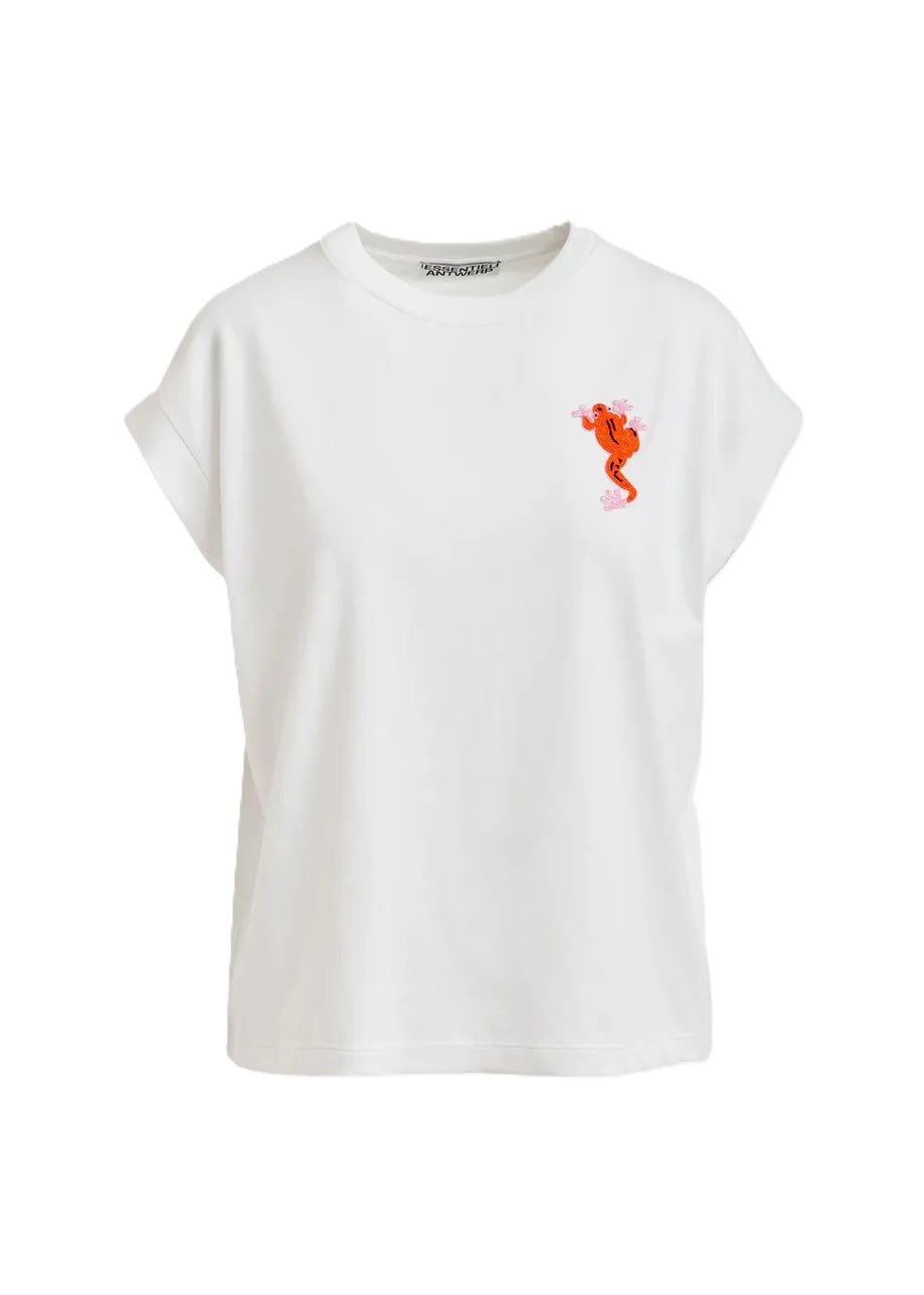 Shirt von Essentiel Antwerp JUNGALA EMBROIDERED T-SHIRT. Mit Ziergecko in Pailletten. Das Shirt hat keine Ärmel und ist weit geschnitten. 