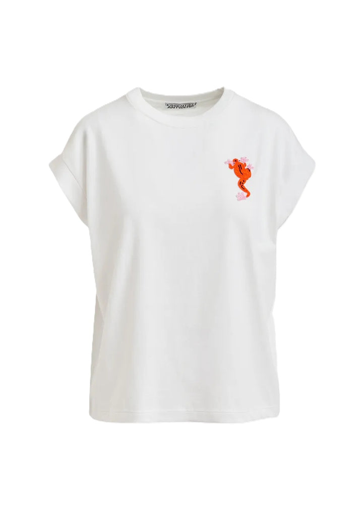 Shirt von Essentiel Antwerp JUNGALA EMBROIDERED T-SHIRT. Mit Ziergecko in Pailletten. Das Shirt hat keine Ärmel und ist weit geschnitten. 