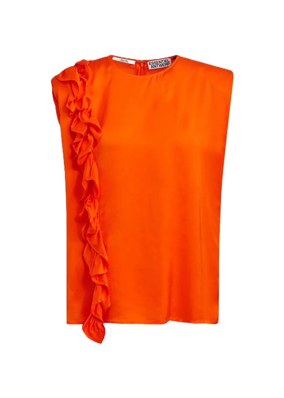 Shirt Essentiel Antwerp JOEY SLEEVELESS TOP in orange. Das ärmellose Oberteil hat eine weite Passform und eine weich strukturierte Silhouette. Der abgerundete Ausschnitt wird durch eine dezente Schulterpolsterung ausgeglichen, während kaskadierende Rüschendetails vorne für zusätzliche Bewegung sorgen.