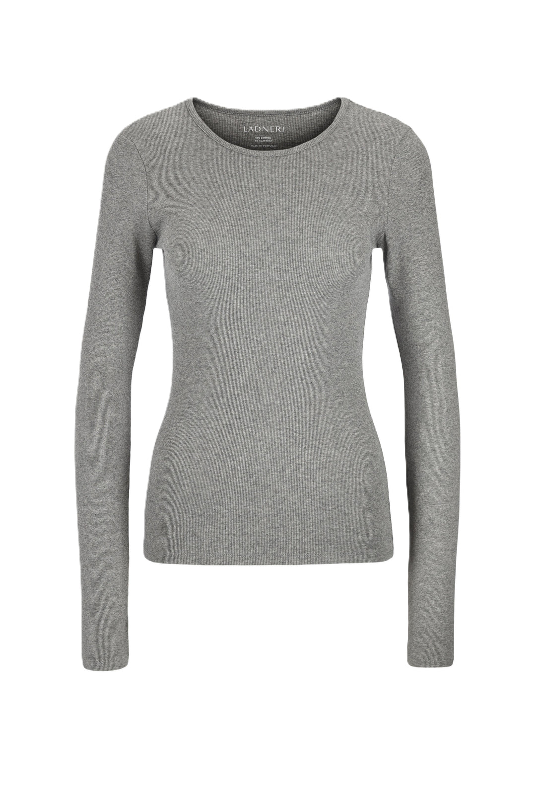 Longsleeve Ladneri Line in grey. Schönes Basicshirt aus einer gerippten Baumwollqualität. Das Shirt ist etwas länger und körpernah geschnitten. Dadurch gut zum Drunterziehen geeignet. Es hat einen Rundhalsausschnitt und lange Ärmel.