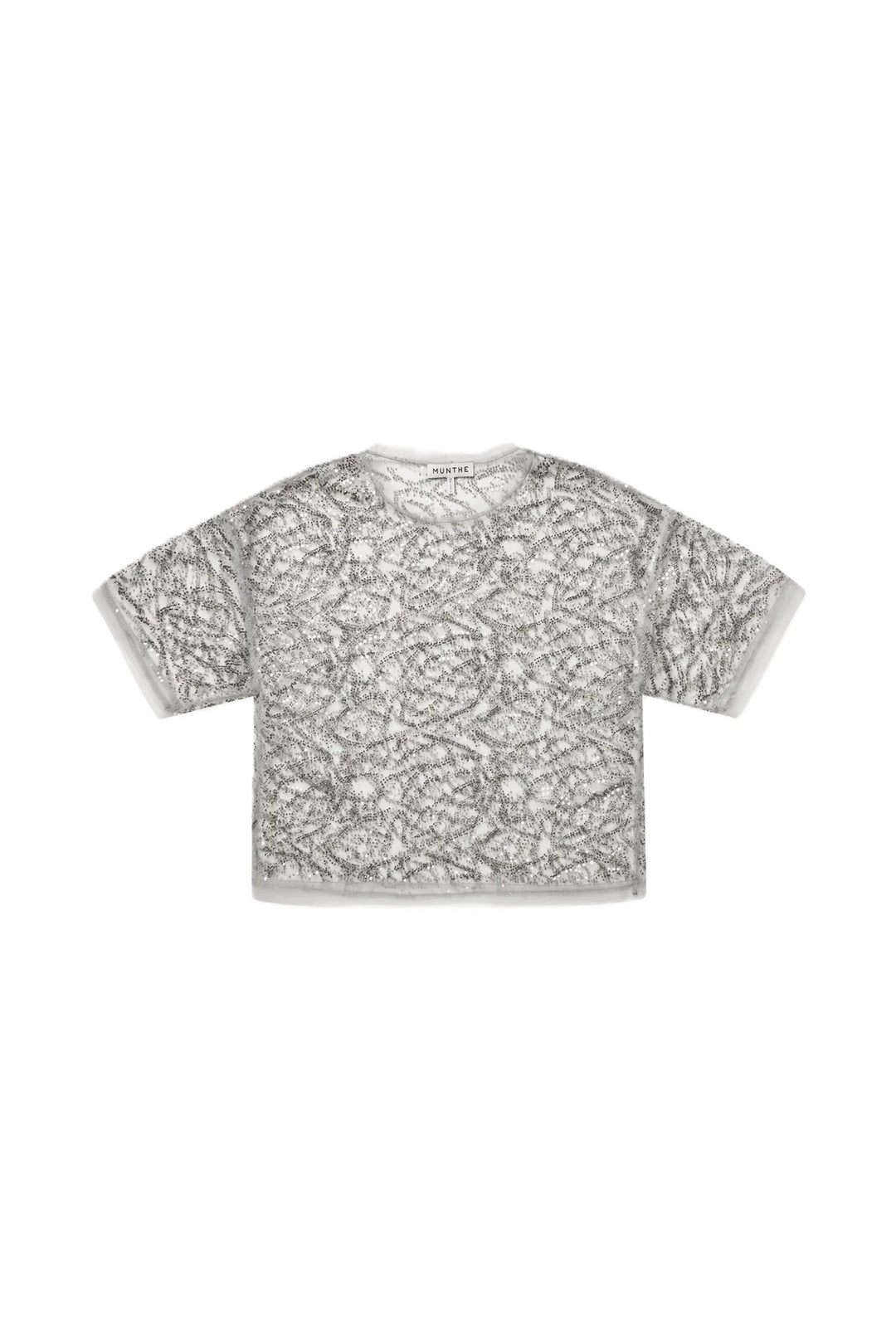 Shirt Munthe VUN. Bezauberndes transparentes Top in lockerer Passform mit kurzen Ärmeln. Das Design ist mit einem Allover-Paillettenmuster verziert. Die Pailletten in silber erzeugen einen schimmernden und dekorativen Effekt.