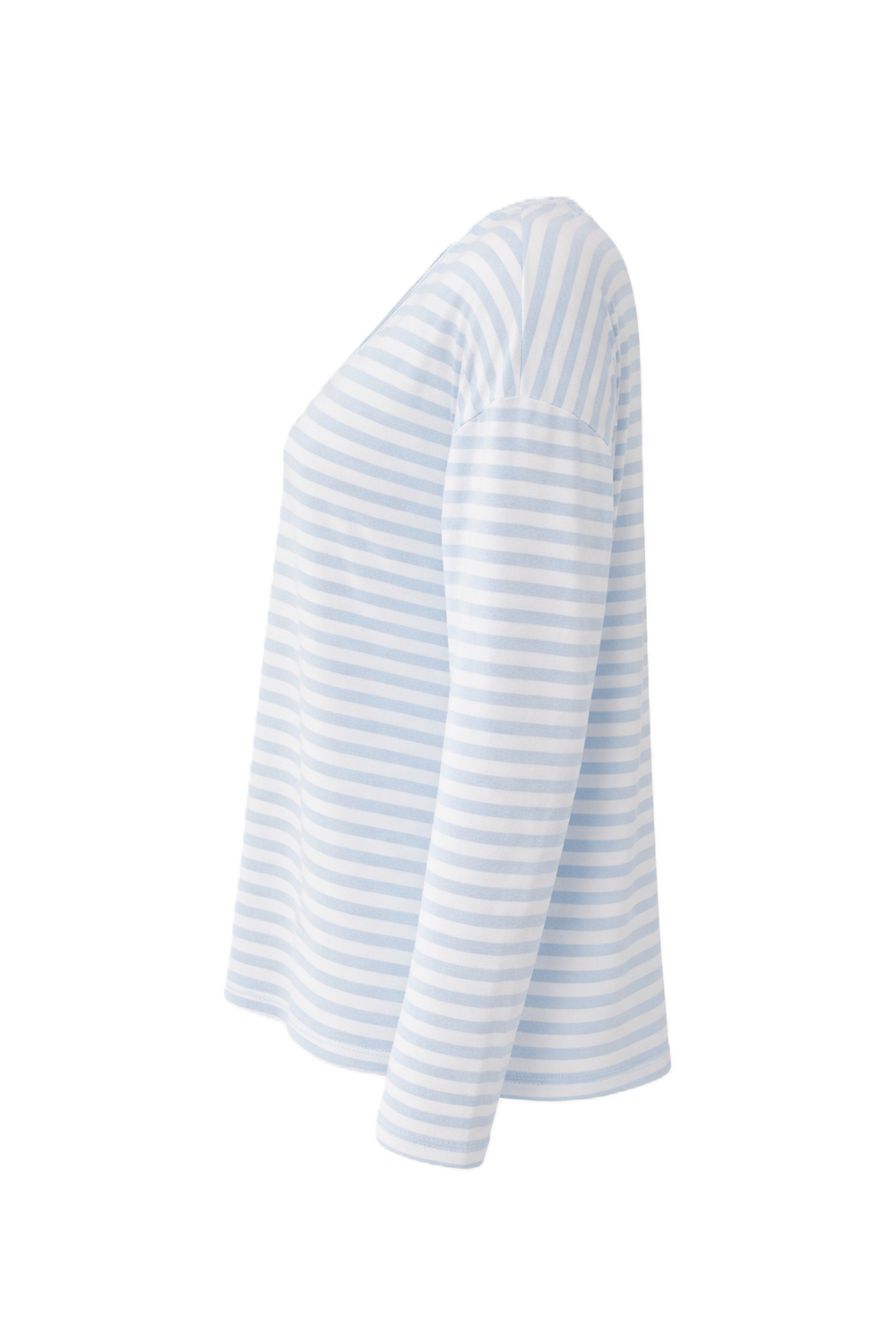 Shirt Narli. Schönes Baumwollshirt mit helblau/weißem Streifen. Das Shirt hat einen langen Ärmel und einen V-Ausschnitt. Man kann es einzeln tragen, oder auch als Unterzieher unter eine Bluse. Es fällt größengerecht aus.