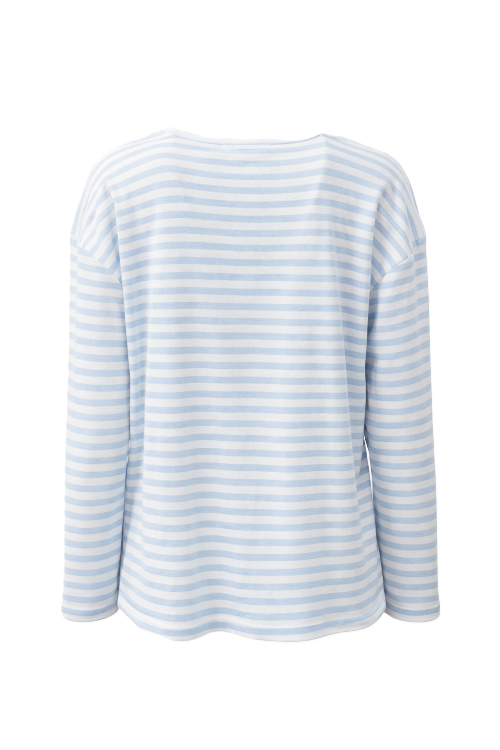 Shirt Narli. Schönes Baumwollshirt mit helblau/weißem Streifen. Das Shirt hat einen langen Ärmel und einen V-Ausschnitt. Man kann es einzeln tragen, oder auch als Unterzieher unter eine Bluse. Es fällt größengerecht aus.