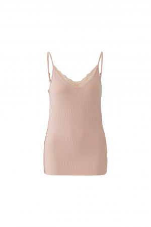 Shirt Oui. Geripptes, elastisches Spaghettitop mit V-Ausschnitt und femininer Spitzenbordüre. Verstellbare Träger. Weiche Haptik aus Viskose und Elasthan.