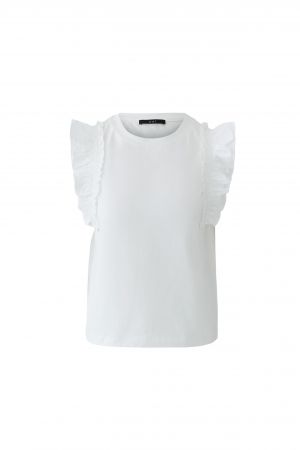 T-Shirt Oui. Super modernes Shirt aus reiner Baumwolle. Das Shirt hat einen Rundhalsausschnitt und kleine Volants am Ärmel. Es ist leicht ausgestellt und passt super gut zur Jeans. Es fällt größengerecht aus.