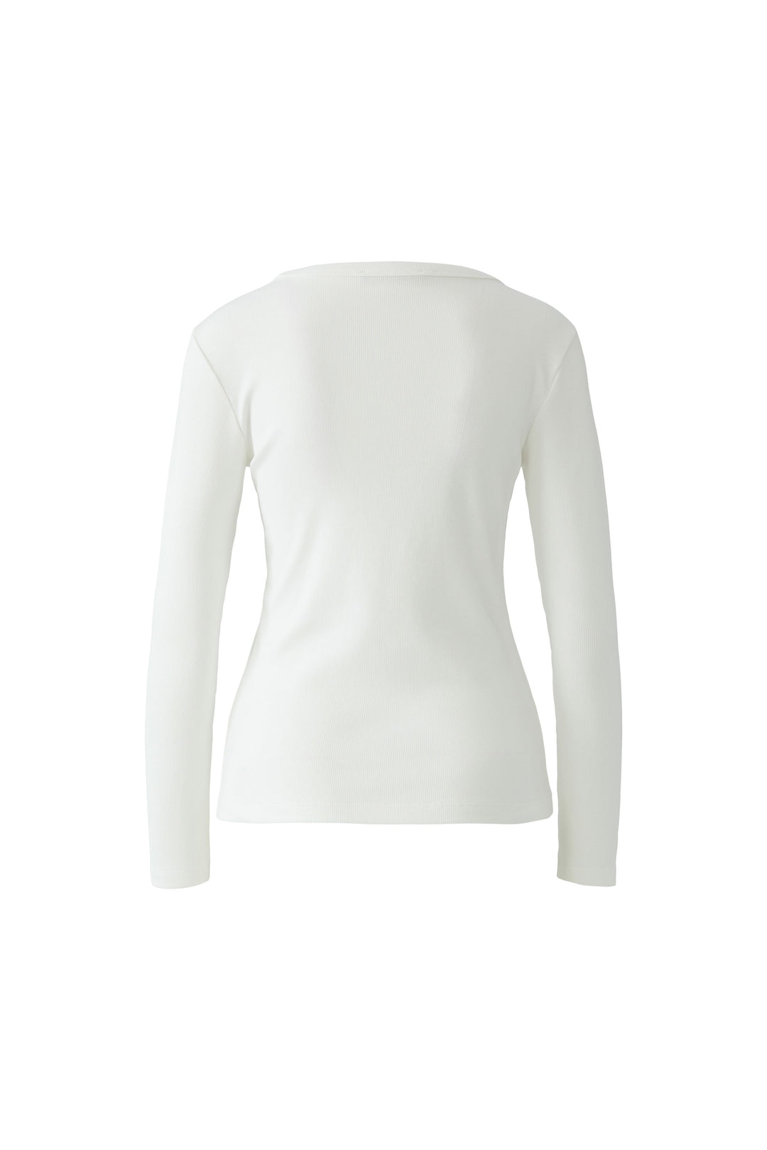Weißes Langarmshirt Basic von Oui aus Baumwoll-Modalmix in Rippstrick mit tiefem Rundhalsausschnitt und schmaler Passform.