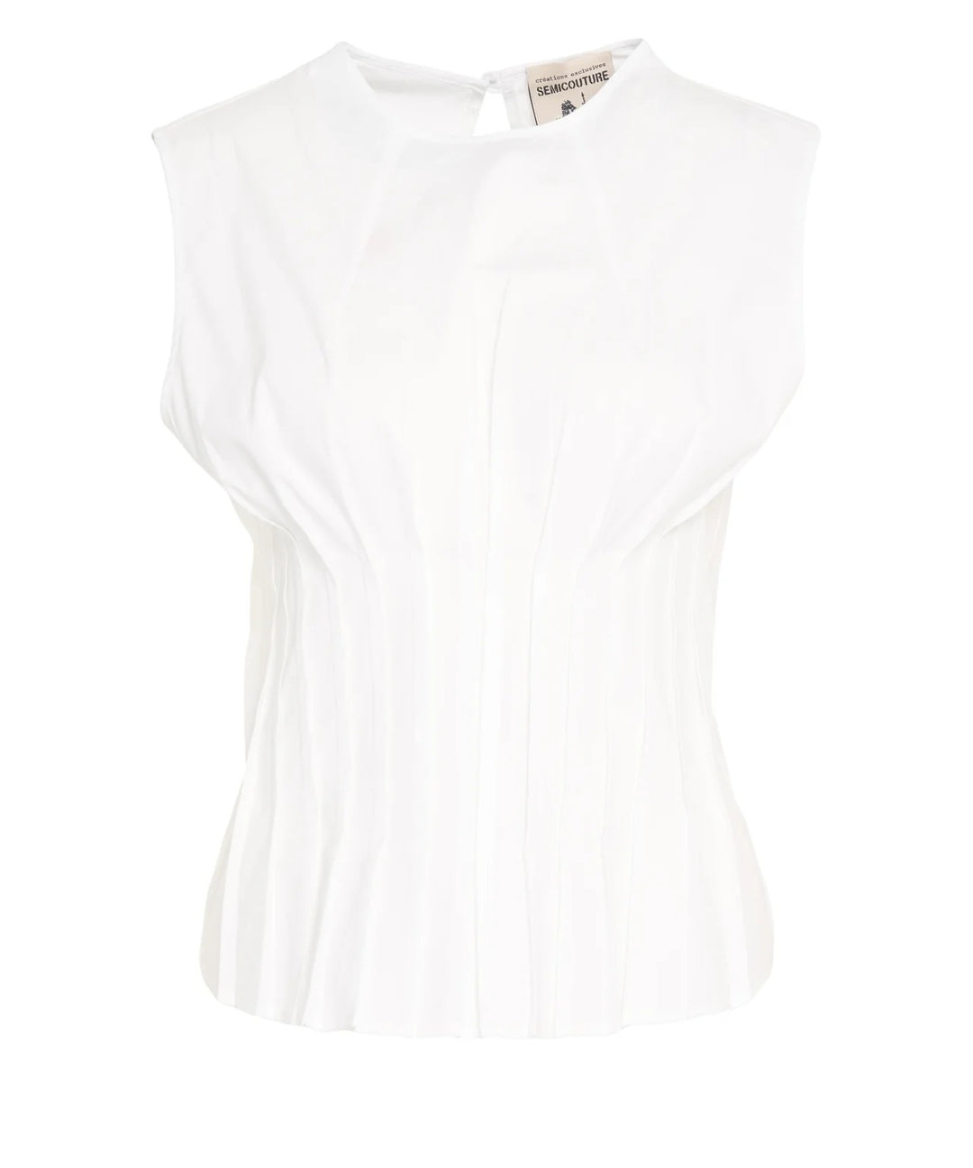 Shirt Semicouture CLARINDA. Weißes Blusenshirt mit vielen Details. Die Bluse hat einen Rundhalsausschnitt und keine Ärmel. Sie hat bezaubernde Raffungen vorne und hinten, was der Figur sehr schmeichelt. Auf der Rückseite sind Knöpfe als hübsches Highlight angebracht. Diese sind aber nur Zierde. Die Bluse hat einen Knopfverschluss auf der Rückseite.