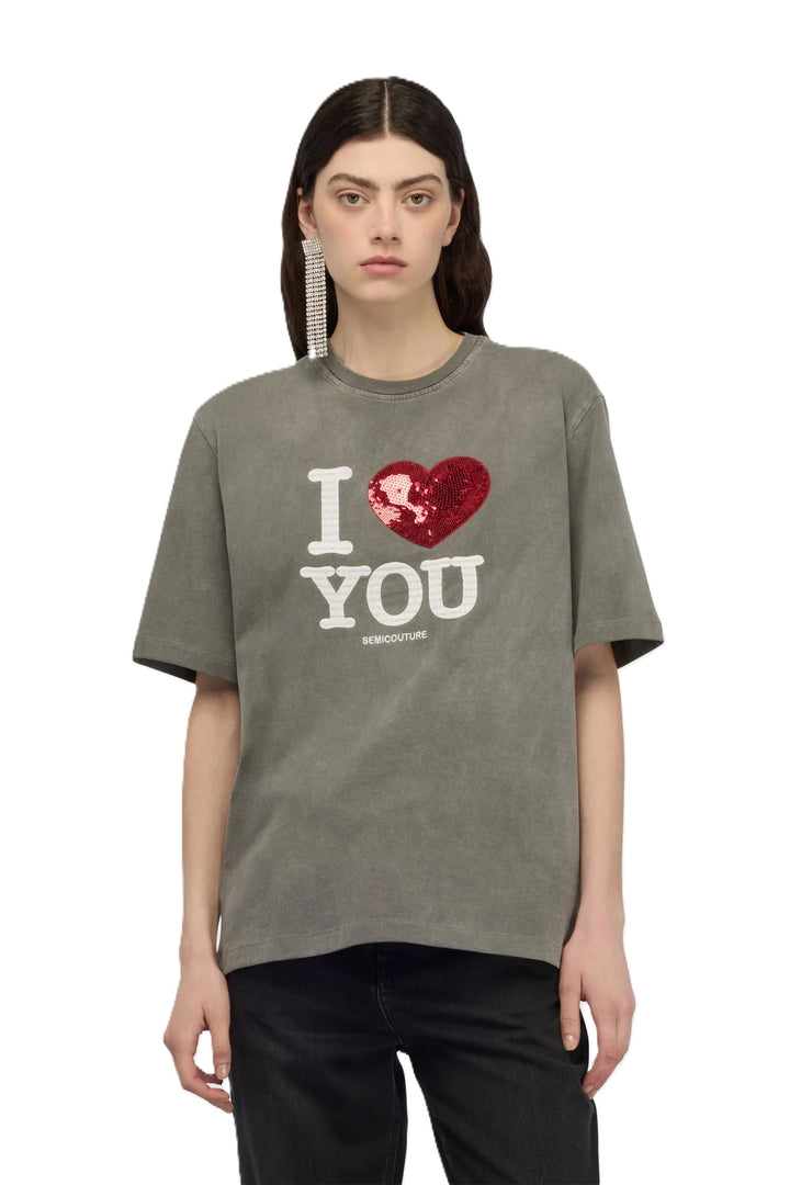 Shirt Semicouture T-SHIRT MARTINA in grau. Cooles Shirt mit Print und rotem Paillettenherz. Das Shirt ist lässig verwaschen.