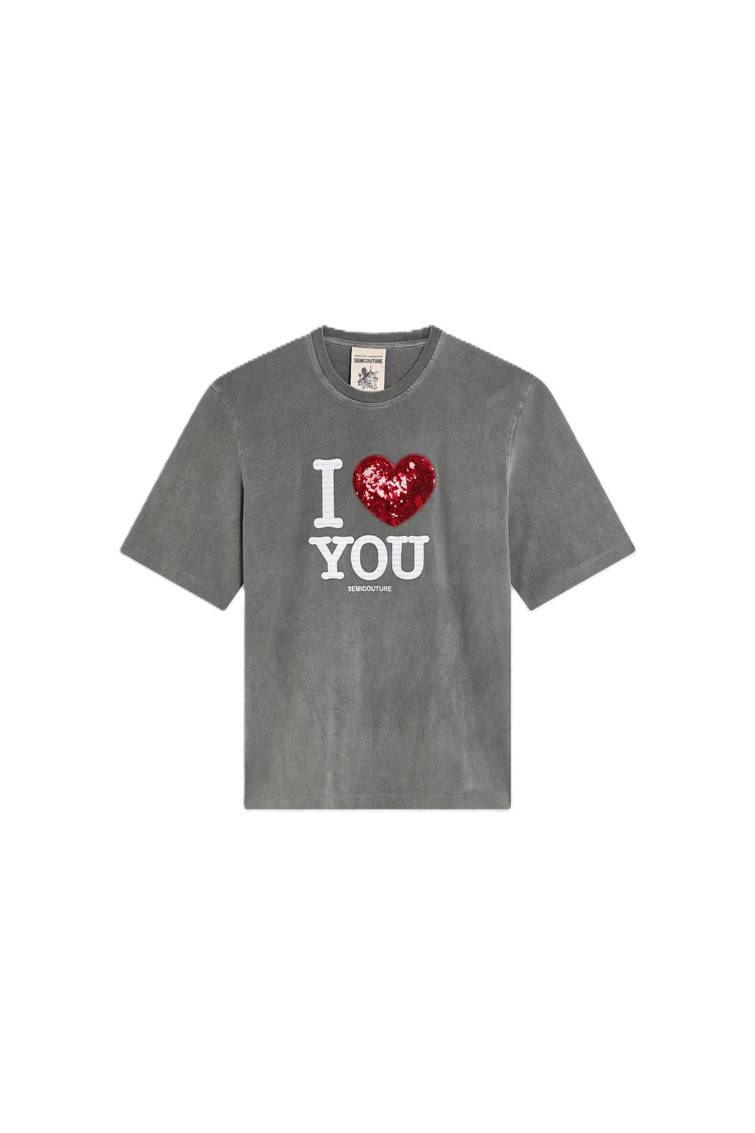 Shirt Semicouture T-SHIRT MARTINA in grau. Cooles Shirt mit Print und rotem Paillettenherz. Das Shirt ist lässig verwaschen.