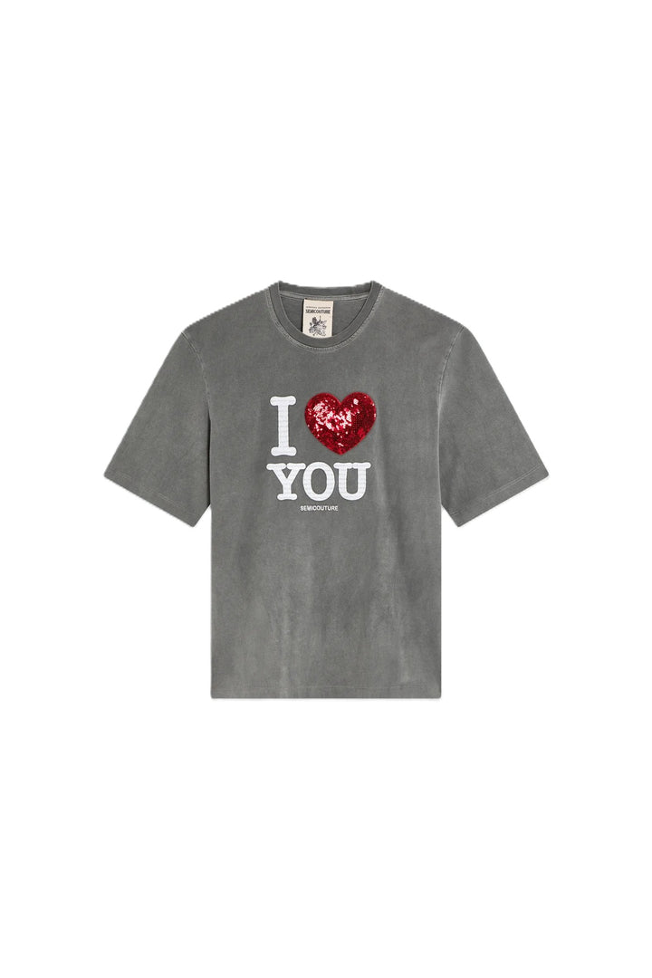 Shirt Semicouture T-SHIRT MARTINA in grau. Cooles Shirt mit Print und rotem Paillettenherz. Das Shirt ist lässig verwaschen.