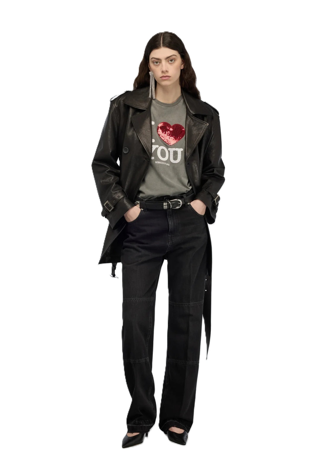 Shirt Semicouture T-SHIRT MARTINA in grau. Cooles Shirt mit Print und rotem Paillettenherz. Das Shirt ist lässig verwaschen.