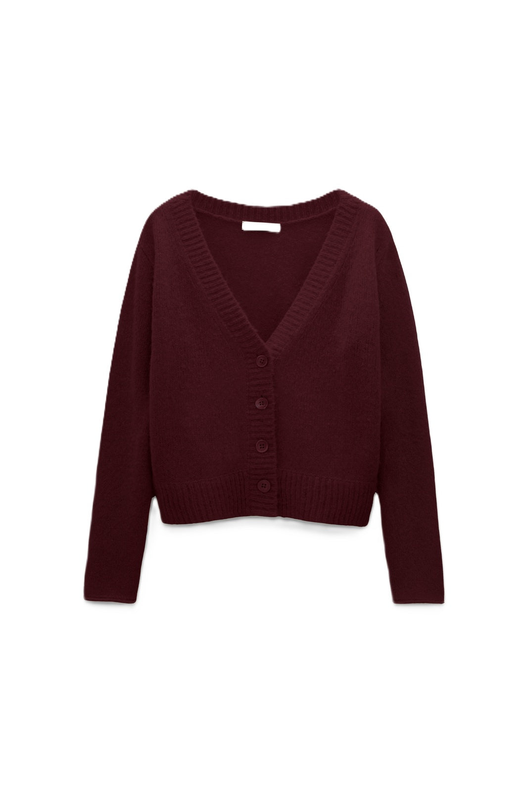 Dunkelroter Kaschmir Cardigan mit vier Knöpfen. Er ist langärmlig und gestrickt.