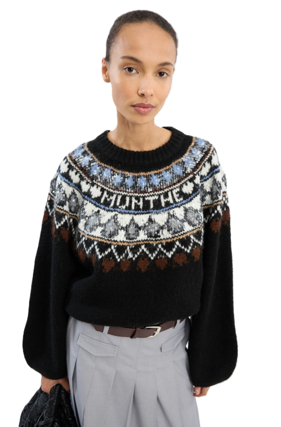 Dunkelblauer Strickpullover VAFFIE von Munthe mit nordisch inspiriertem Muster, dezenten Pailletten und tief angesetzten Ballonärmeln. Der Pullover hat einen Rundhalsausschnitt und ein eingestricktes Munthe-Logo. 