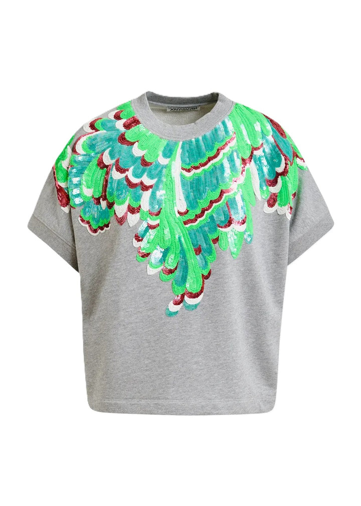 Sweatshirt von Essentiel Antwerp JOLIES EMBROIDERED SWEATSHIRT. Das Sweatshirt hat Pailletten und überschnittene Ärmel. Es ist kastig in den Farben grau und grün. 