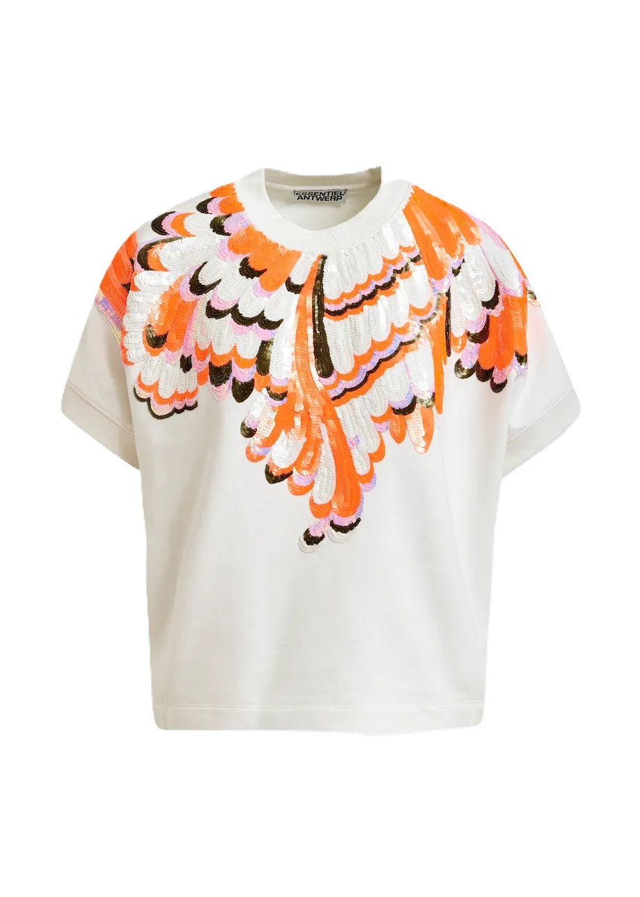 Sweatshirt von Essentiel Antwerp JOLIES EMBROIDERED SWEATSHIRT. Das Sweatshirt hat Pailletten und überschnittene Ärmel. Es ist kastig in den Farben orange und ecru. 