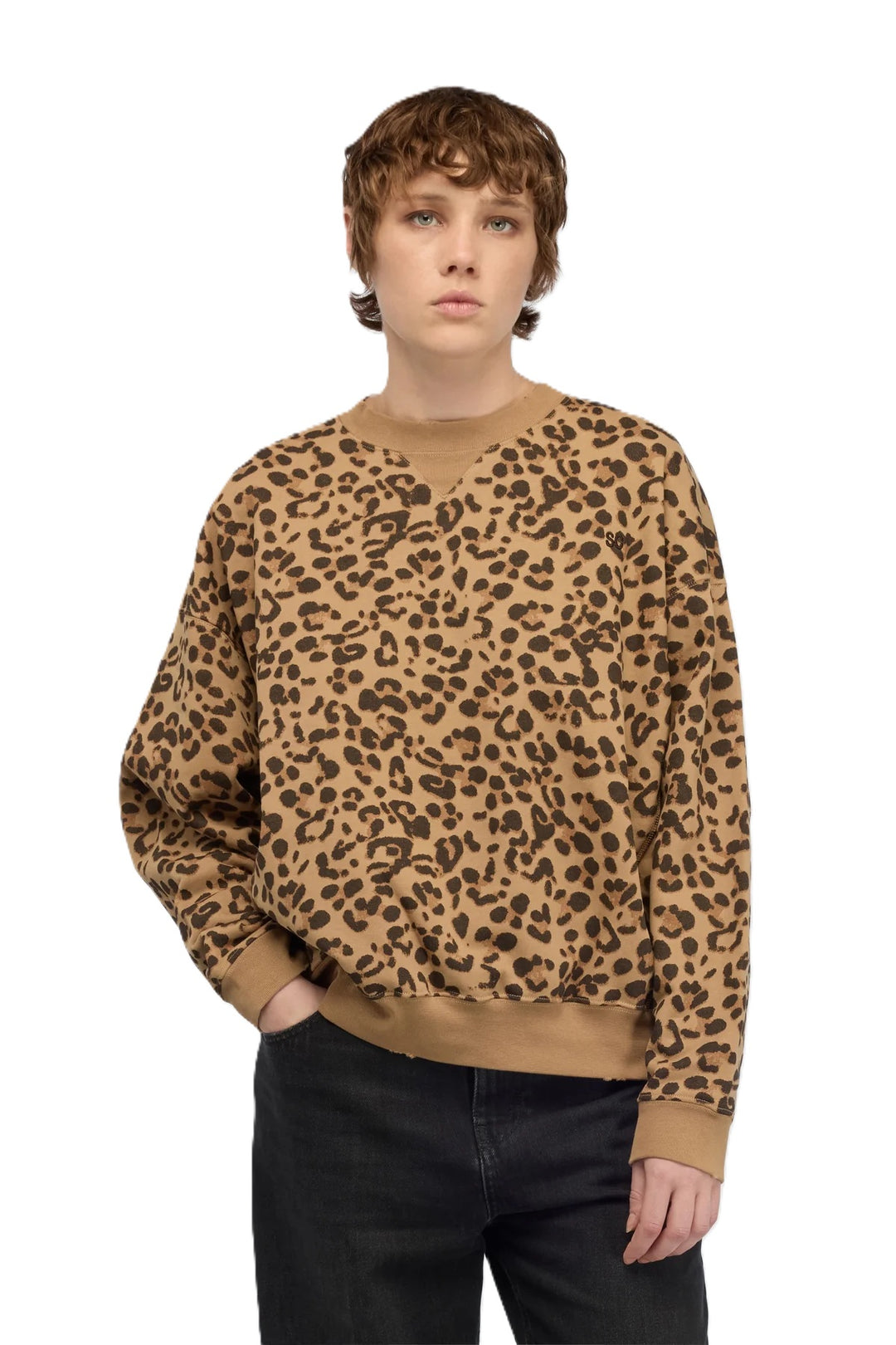 Sweatshirt Semicouture FELPA DEIENE. Cooles Sweatshirt mit Leoprint. Das Sweatshirt hat einen Rundhalsausschnitt und lange Ärmel. Es ist boxy und weit geschnitten.