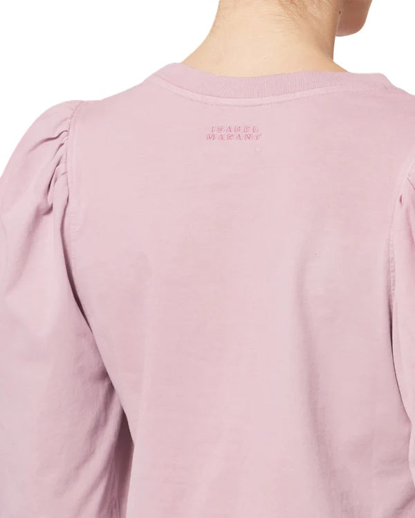 T-Shirt Isabel Marant MAELISS. Dieses schöne Shirt aus nachhaltiger Baumwolle hat halblange Puffärmel und einen Rundhalsausschnitt mit gerippten Abschlüssen in pale rose rosa. 