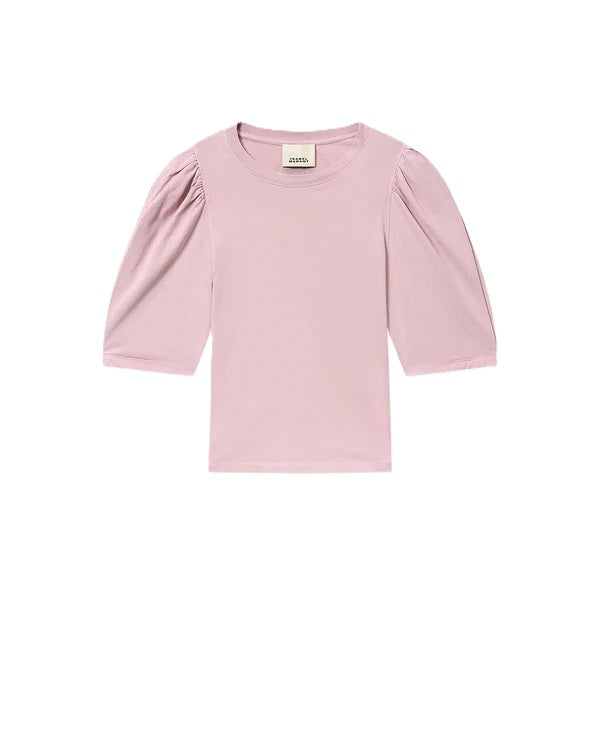 T-Shirt Isabel Marant MAELISS. Dieses schöne Shirt aus nachhaltiger Baumwolle hat halblange Puffärmel und einen Rundhalsausschnitt mit gerippten Abschlüssen in pale rose rosa. 