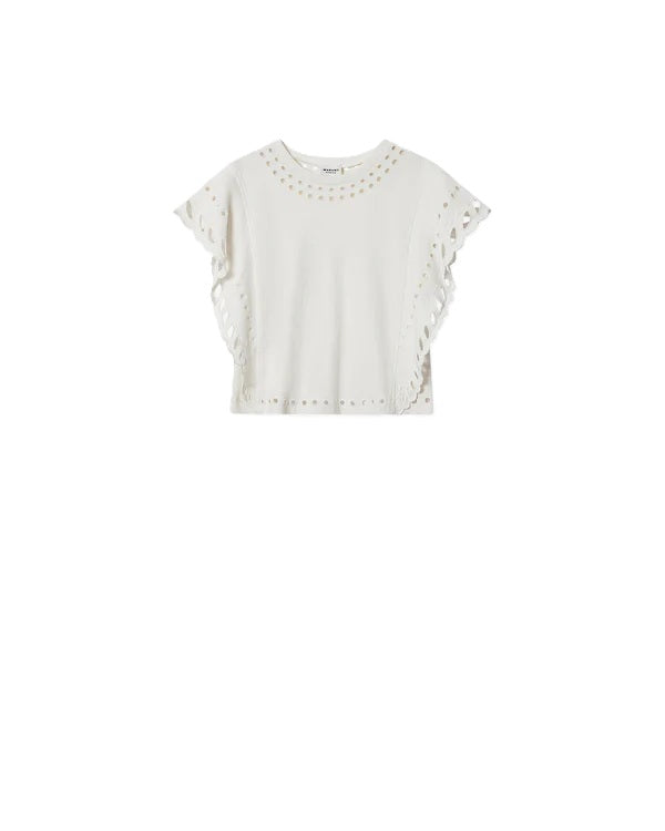 T-Shirt Isabel Marant ODYLE in ecru. Dieses hübsche T-Shirt hat kurze Schmetterlingsärmel und einen Rundhalsausschnitt. Es ist verkürzt geschnitten und besticht durch schöne Abschlüsse mit Lochstickereien am Kragen und an den Ärmeln. Es hat eine lockere Passform.