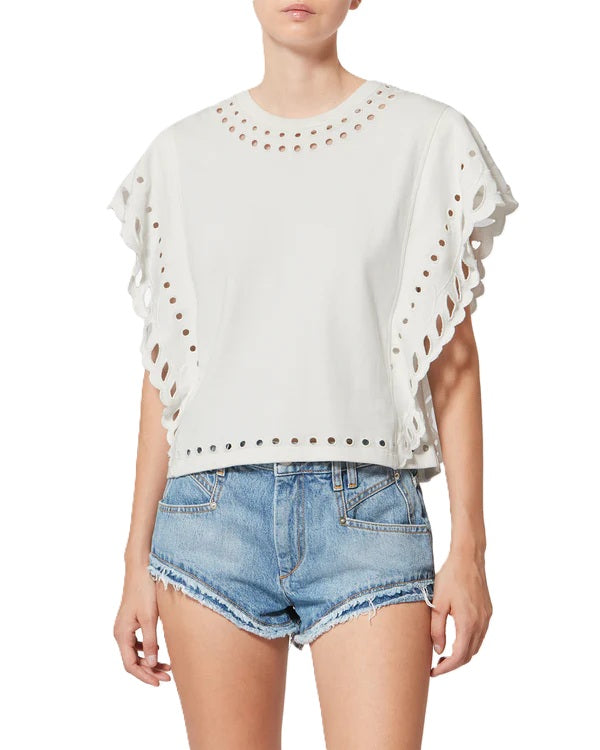 T-Shirt Isabel Marant ODYLE in ecru. Dieses hübsche T-Shirt hat kurze Schmetterlingsärmel und einen Rundhalsausschnitt. Es ist verkürzt geschnitten und besticht durch schöne Abschlüsse mit Lochstickereien am Kragen und an den Ärmeln. Es hat eine lockere Passform.