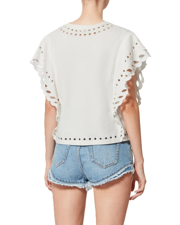 T-Shirt Isabel Marant ODYLE in ecru. Dieses hübsche T-Shirt hat kurze Schmetterlingsärmel und einen Rundhalsausschnitt. Es ist verkürzt geschnitten und besticht durch schöne Abschlüsse mit Lochstickereien am Kragen und an den Ärmeln. Es hat eine lockere Passform.