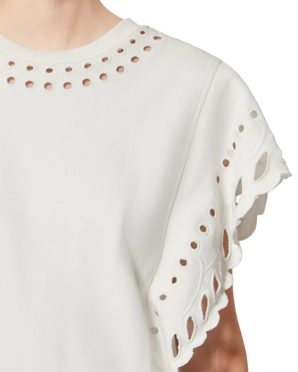 T-Shirt Isabel Marant ODYLE in ecru. Dieses hübsche T-Shirt hat kurze Schmetterlingsärmel und einen Rundhalsausschnitt. Es ist verkürzt geschnitten und besticht durch schöne Abschlüsse mit Lochstickereien am Kragen und an den Ärmeln. Es hat eine lockere Passform.
