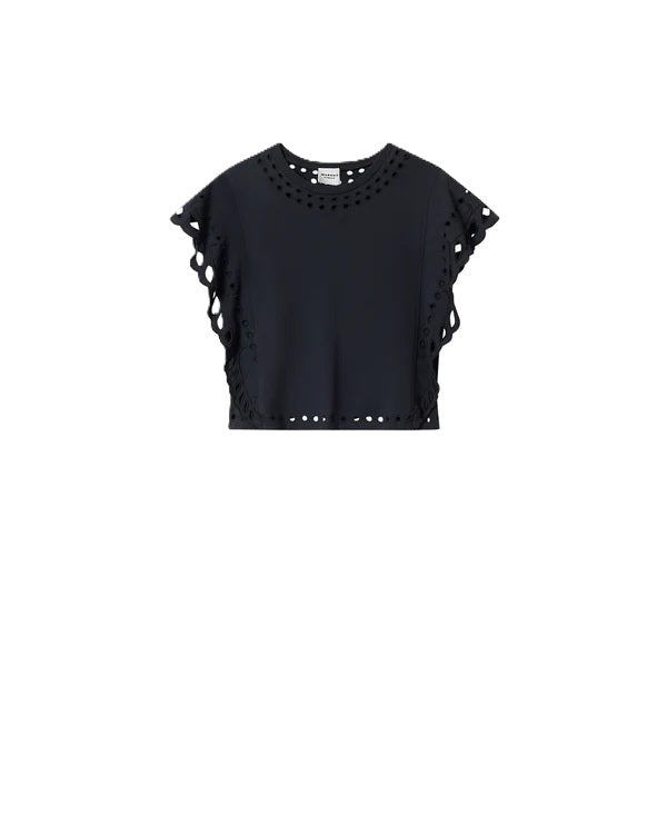 T-Shirt Isabel Marant ODYLE in schwarz. Dieses hübsche T-Shirt hat kurze Schmetterlingsärmel und einen Rundhalsausschnitt. Es ist verkürzt geschnitten und besticht durch schöne Abschlüsse mit Lochstickereien am Kragen und an den Ärmeln. Es hat eine lockere Passform.