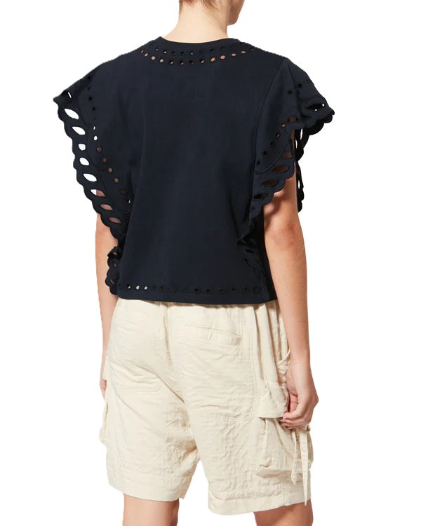 T-Shirt Isabel Marant ODYLE in schwarz. Dieses hübsche T-Shirt hat kurze Schmetterlingsärmel und einen Rundhalsausschnitt. Es ist verkürzt geschnitten und besticht durch schöne Abschlüsse mit Lochstickereien am Kragen und an den Ärmeln. Es hat eine lockere Passform.