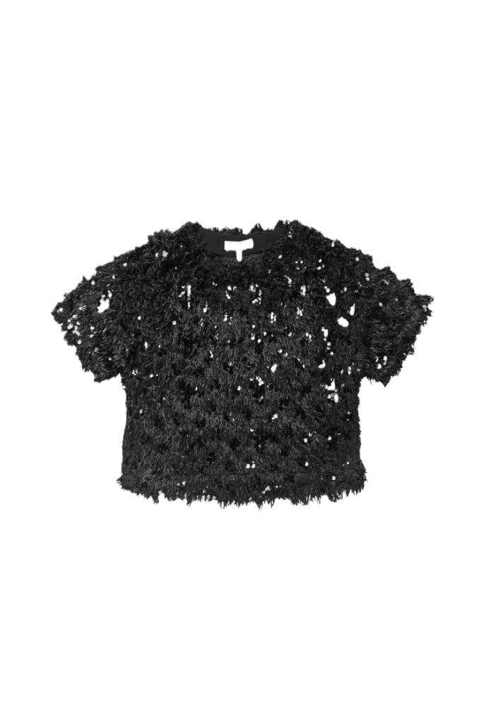 Schwarzes T-Shirt VALENCE von Munthe mit Paillettenbesatz, Fransen-Details und lockerer, verkürzter Passform.