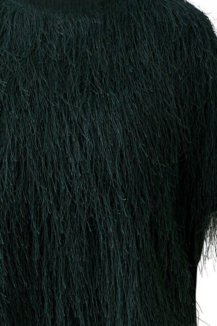 T-Shirt Oui in Scarab Green. Jersey mit subtil glänzenden Fransen. Lässiger, leicht verkürzter Schnitt mit Rundhalsausschnitt und kurzen Ärmeln. Fransen an Ärmeln und Saum.