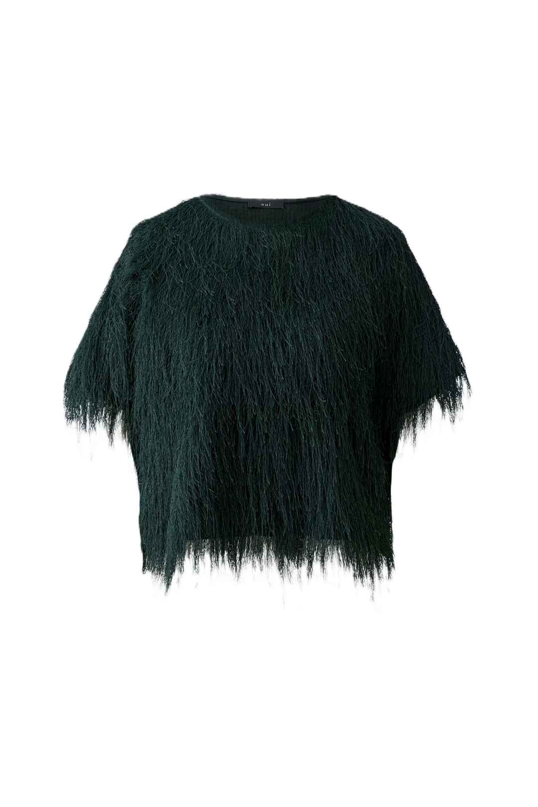 T-Shirt Oui in Scarab Green. Jersey mit subtil glänzenden Fransen. Lässiger, leicht verkürzter Schnitt mit Rundhalsausschnitt und kurzen Ärmeln. Fransen an Ärmeln und Saum.