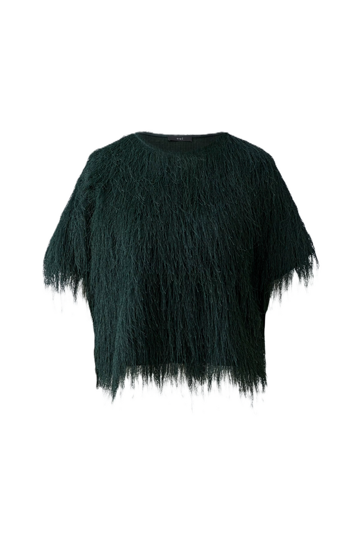 T-Shirt Oui in Scarab Green. Jersey mit subtil glänzenden Fransen. Lässiger, leicht verkürzter Schnitt mit Rundhalsausschnitt und kurzen Ärmeln. Fransen an Ärmeln und Saum.