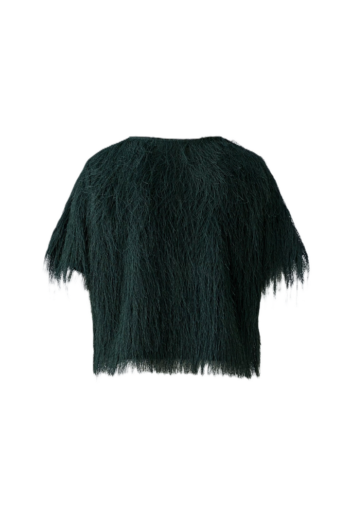 T-Shirt Oui in Scarab Green. Jersey mit subtil glänzenden Fransen. Lässiger, leicht verkürzter Schnitt mit Rundhalsausschnitt und kurzen Ärmeln. Fransen an Ärmeln und Saum.