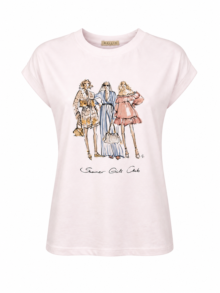 Hellrosa Basic T-Shirt mit kurzen Ärmel aus Baumwolle und mit einem Rundhals Ausschnitt. Vorne hat es eine Print mit drei Summer Grils.