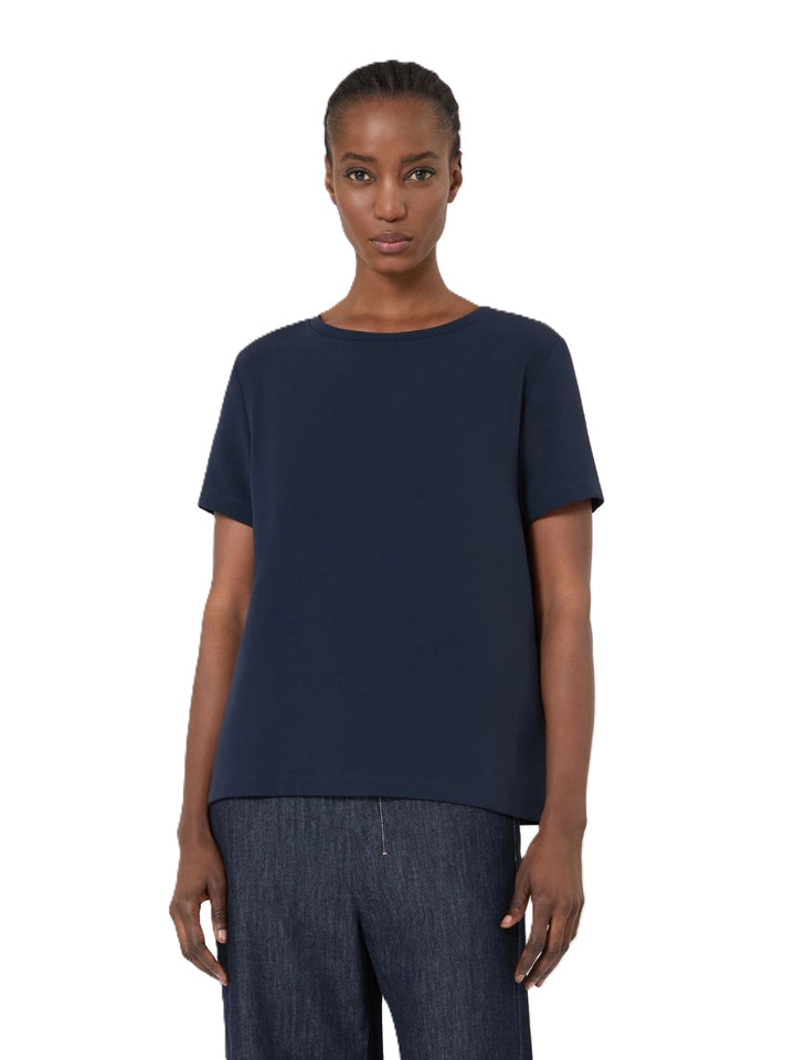 T Shirt von S Max Mara SMMREBECCA aus Seide. Oberteil in dunkelblau mit Rundhals und kurzen Ärmeln. Gerade Form. 
